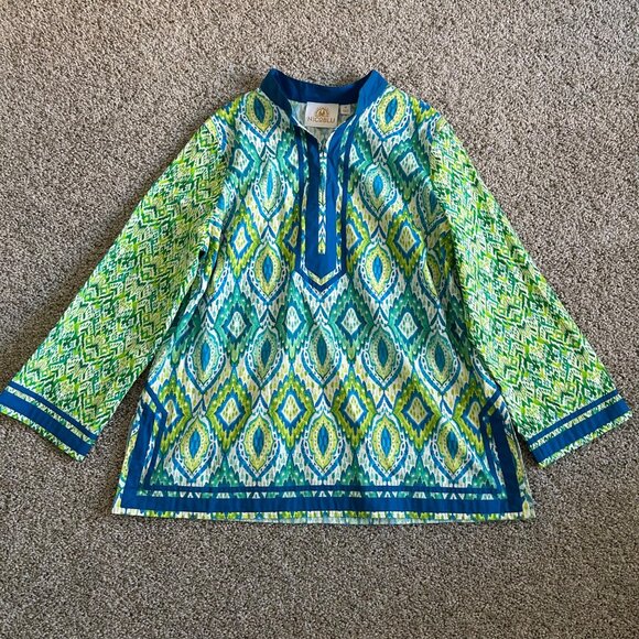 NicoBlu Womens 1X Tunic Top Green & Blue Ikat Print Long Sleeve - Picture 3 of 14